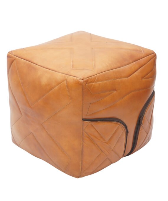LuxeTan Leather Pouffe Cube
