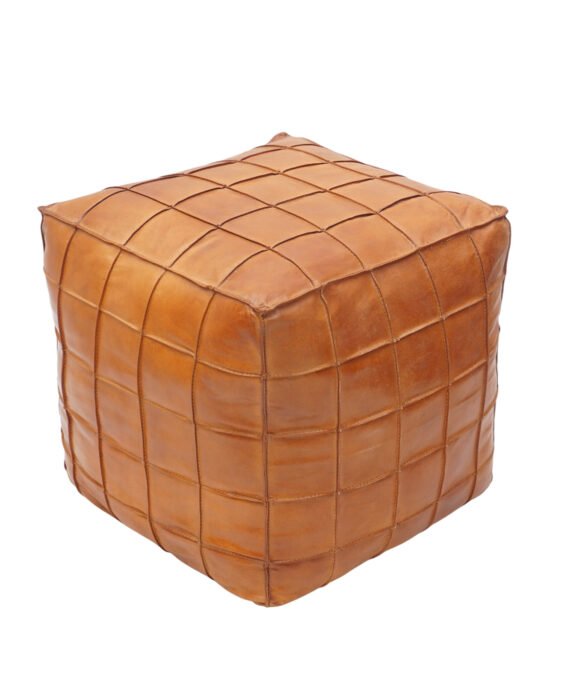 Grid Luxe Tan Leather Pouf