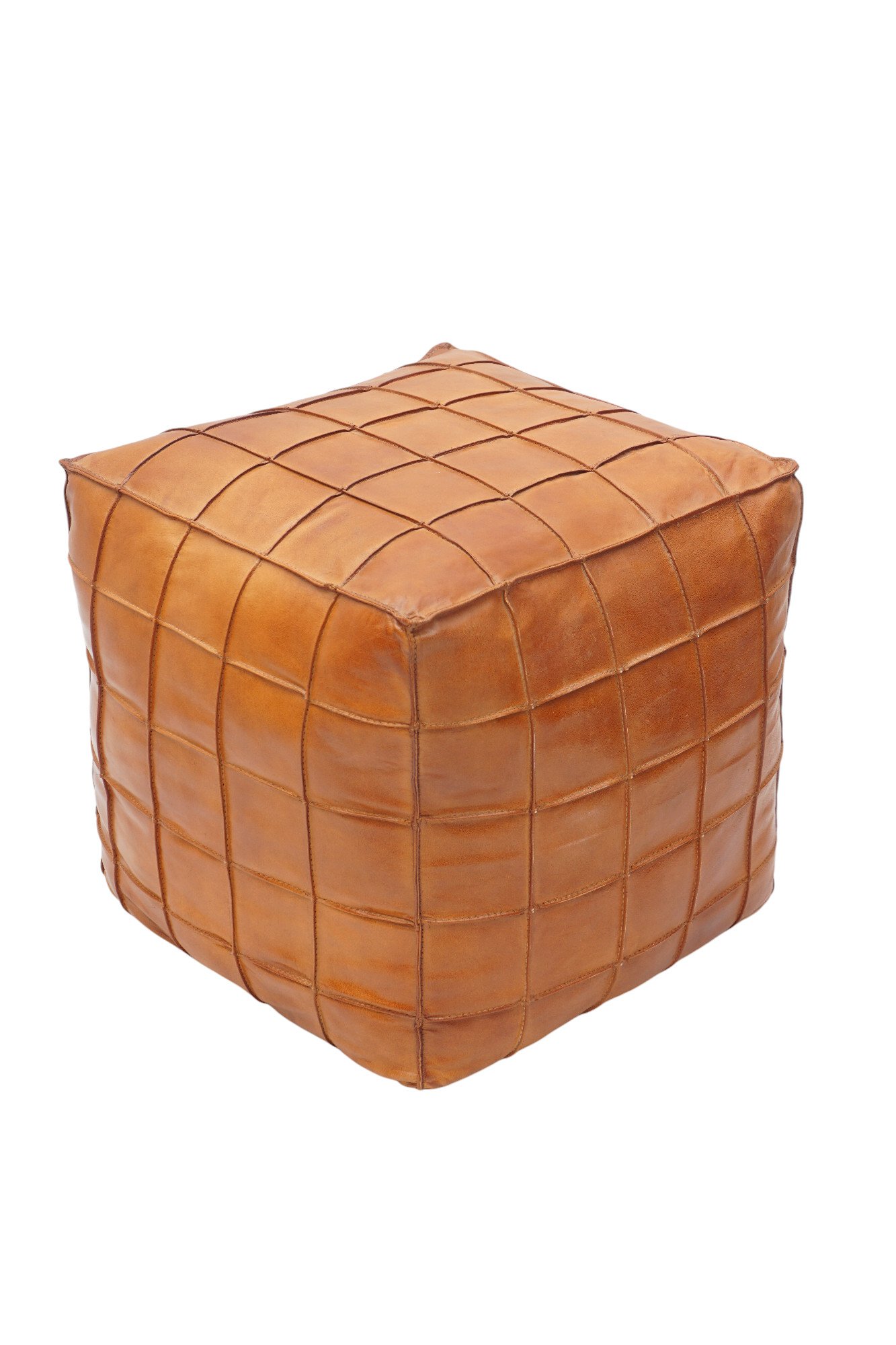 Grid Luxe Tan Leather Pouf