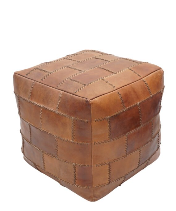 Rustic Stitch Tan Leather Pouf