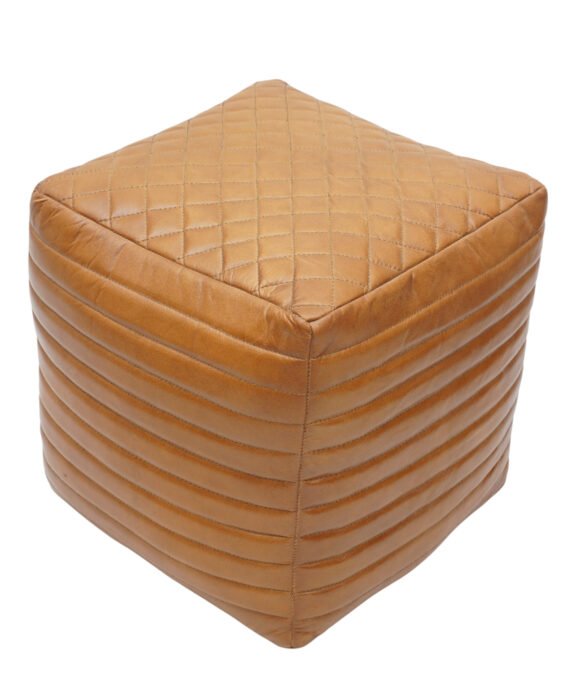 Quilted Luxe Tan Leather Pouf