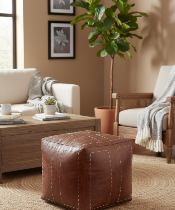 Hand-Stitched Leather Cube Ottoman