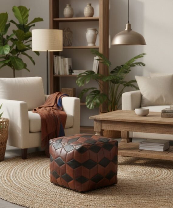 Geometric Patchwork Leather Cube Ottoman