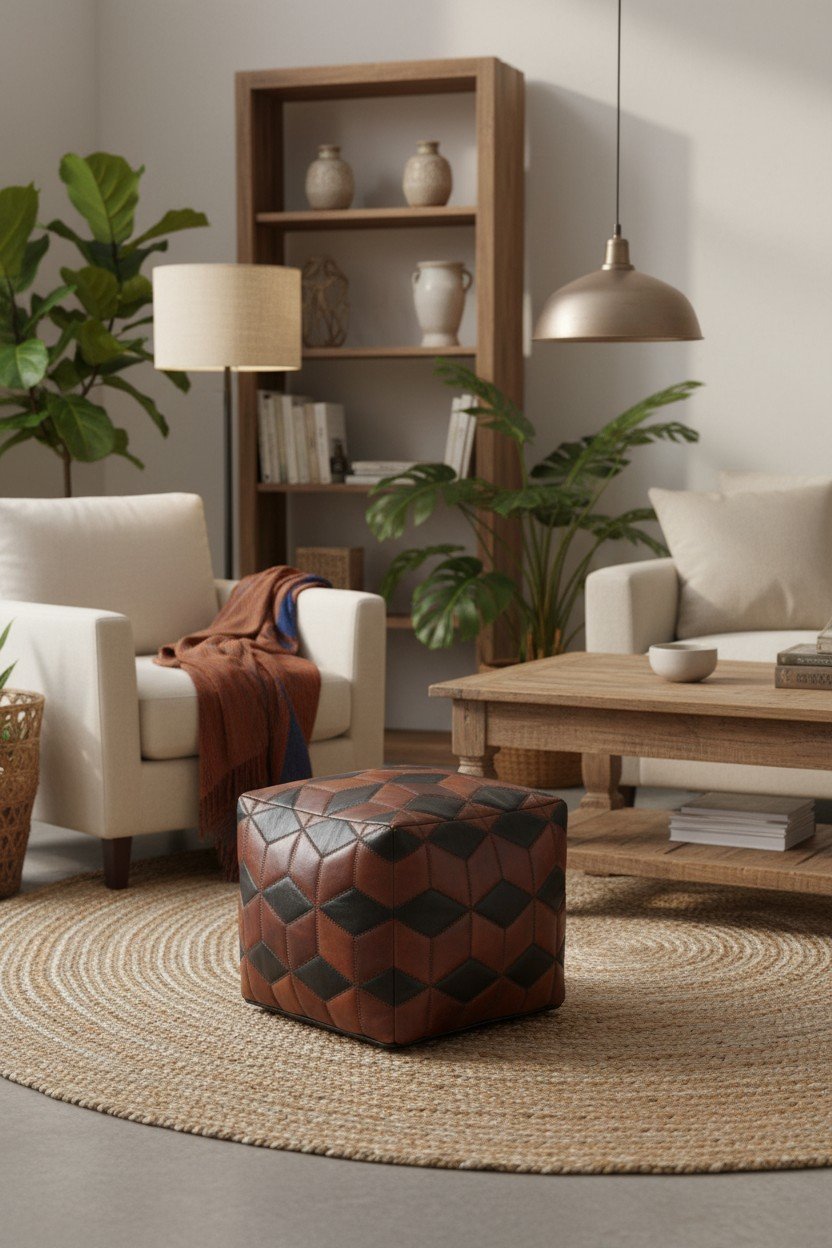 Geometric Patchwork Leather Cube Ottoman