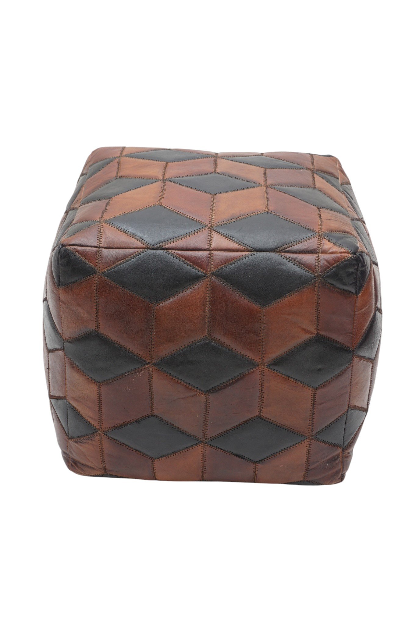 Geometric Patchwork Leather Cube Ottoman - Image 2