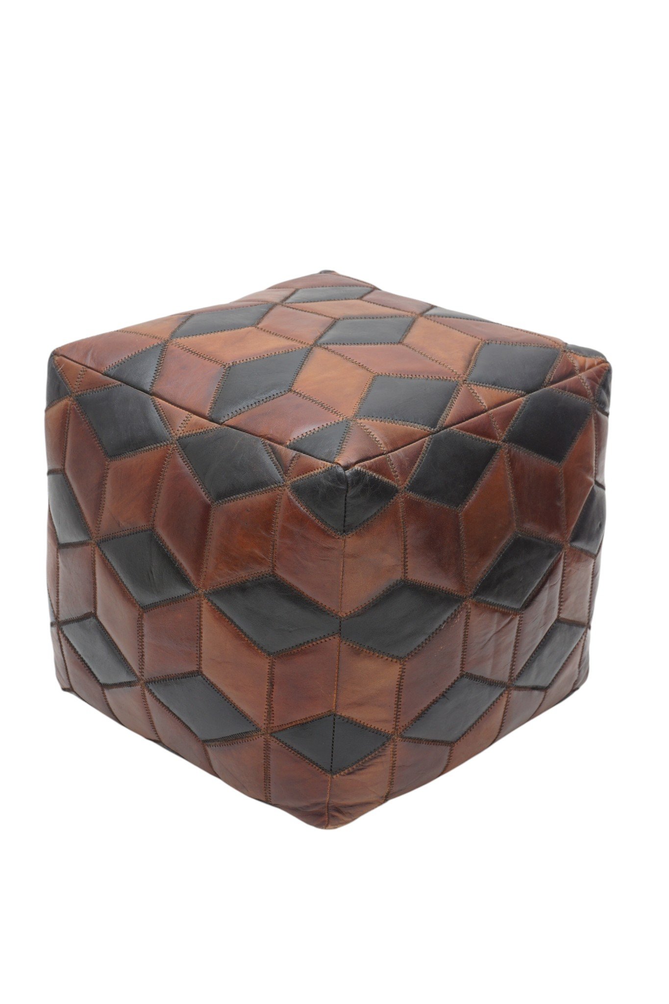 Geometric Patchwork Leather Cube Ottoman - Image 4