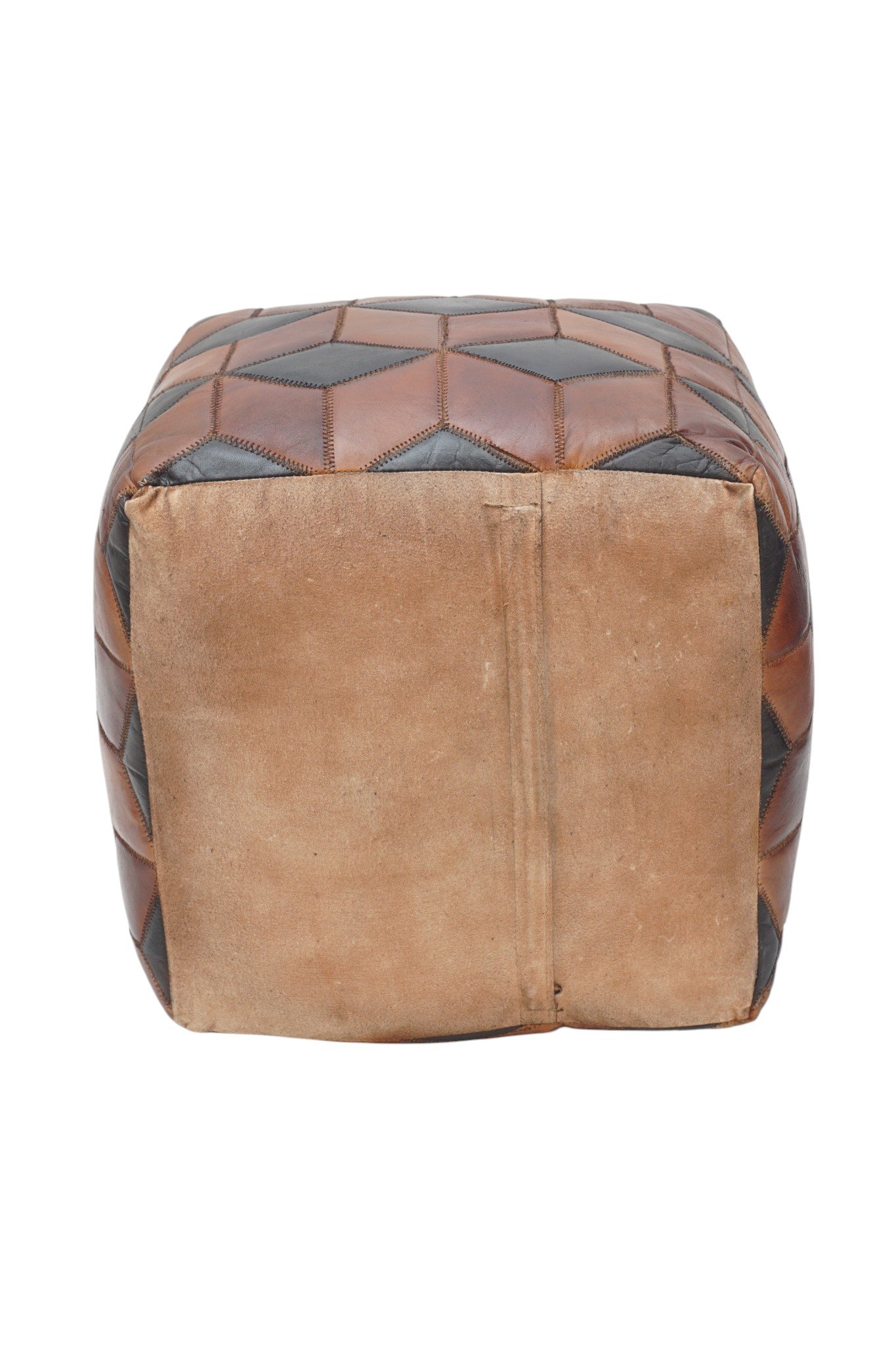 Geometric Patchwork Leather Cube Ottoman - Image 3