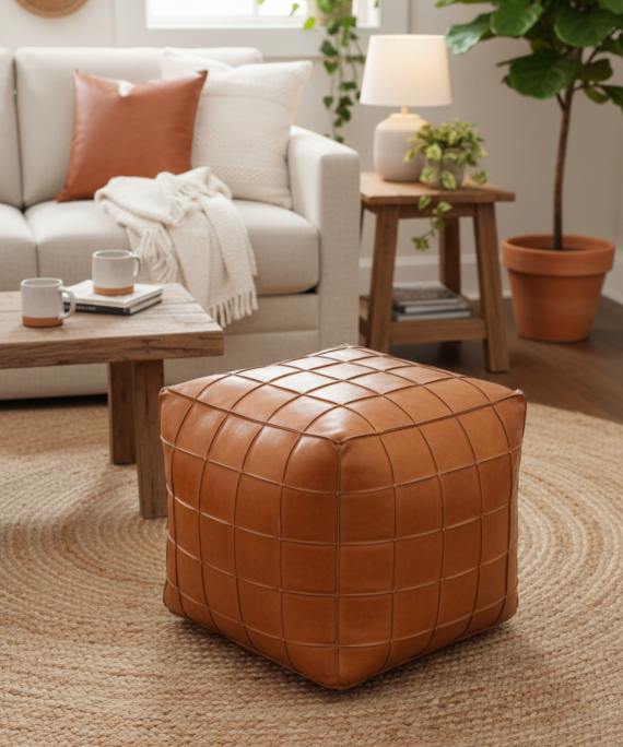 Grid-Stitched Leather Cube Ottoman