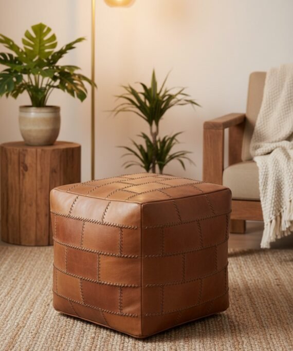 Hand-Stitched Patchwork Leather Cube Ottoman