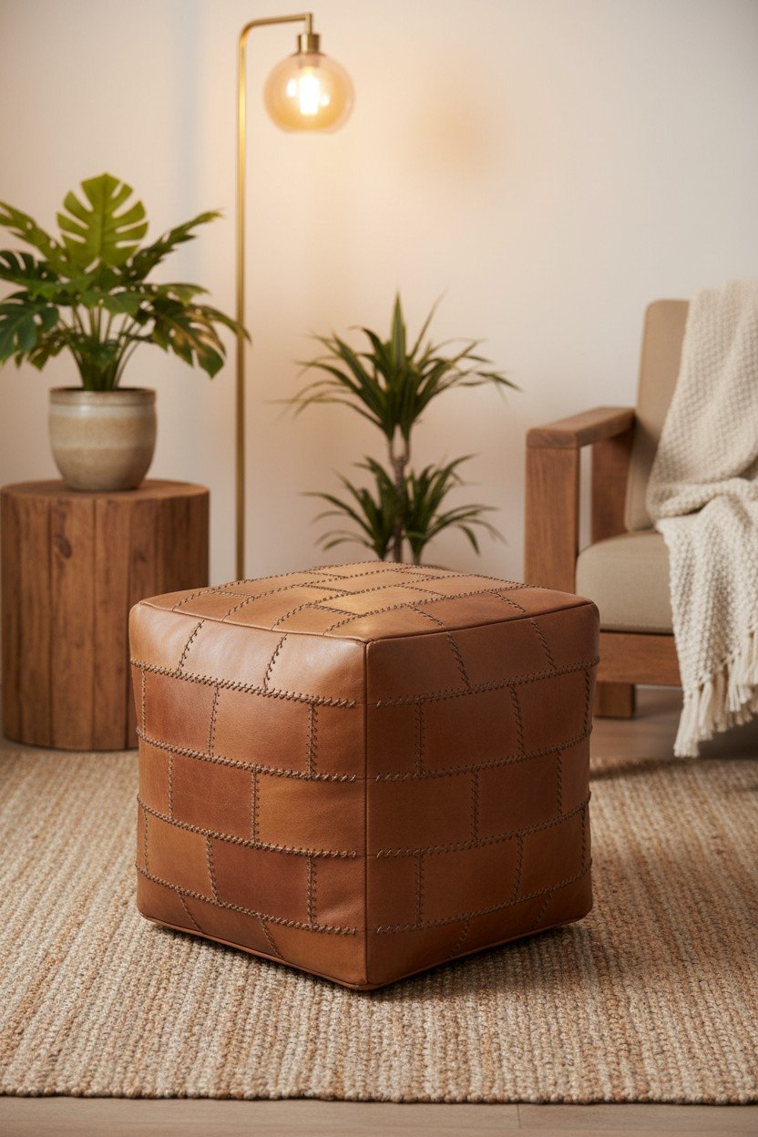 Hand-Stitched Patchwork Leather Cube Ottoman