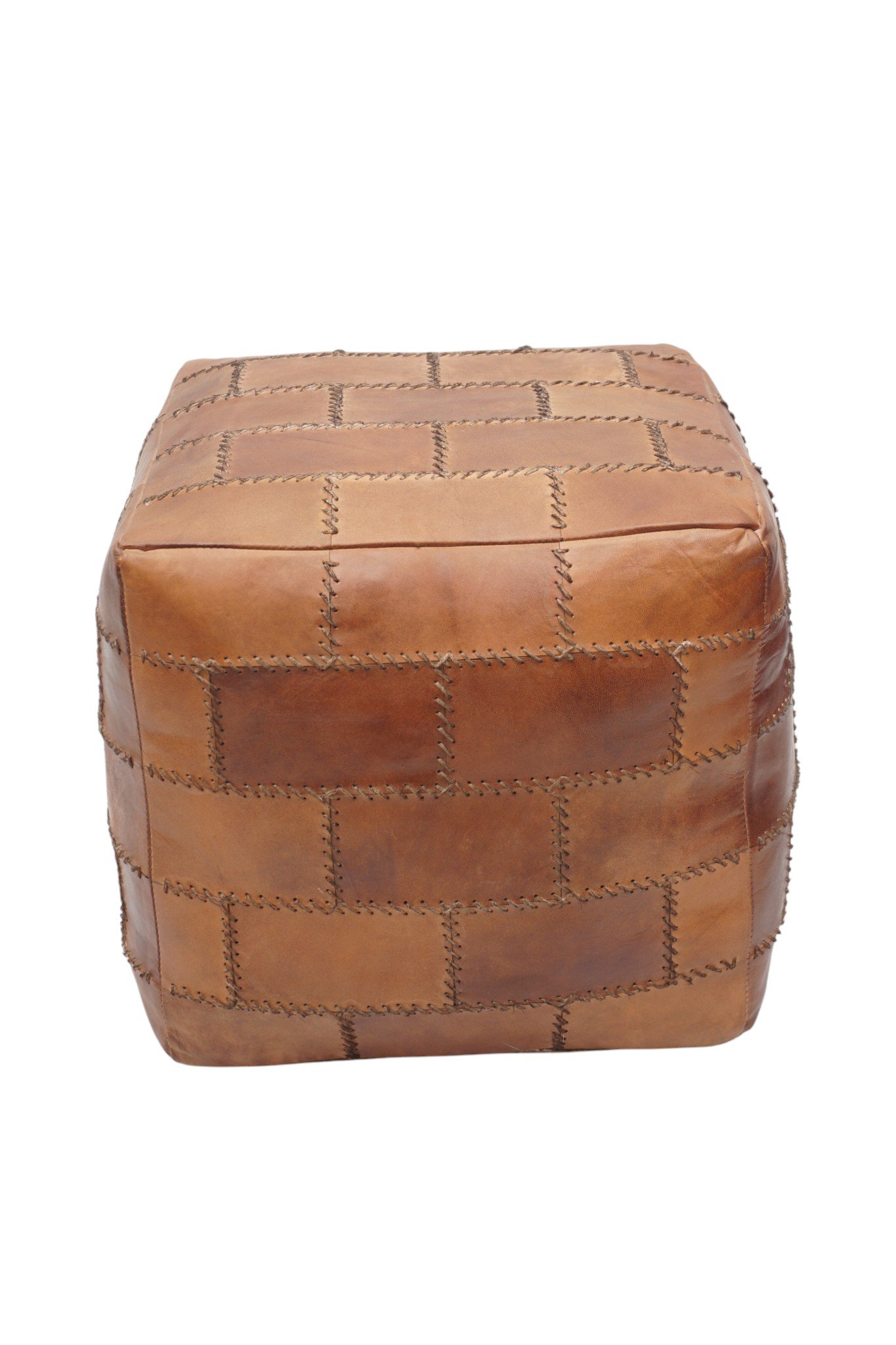 Hand-Stitched Patchwork Leather Cube Ottoman - Image 2