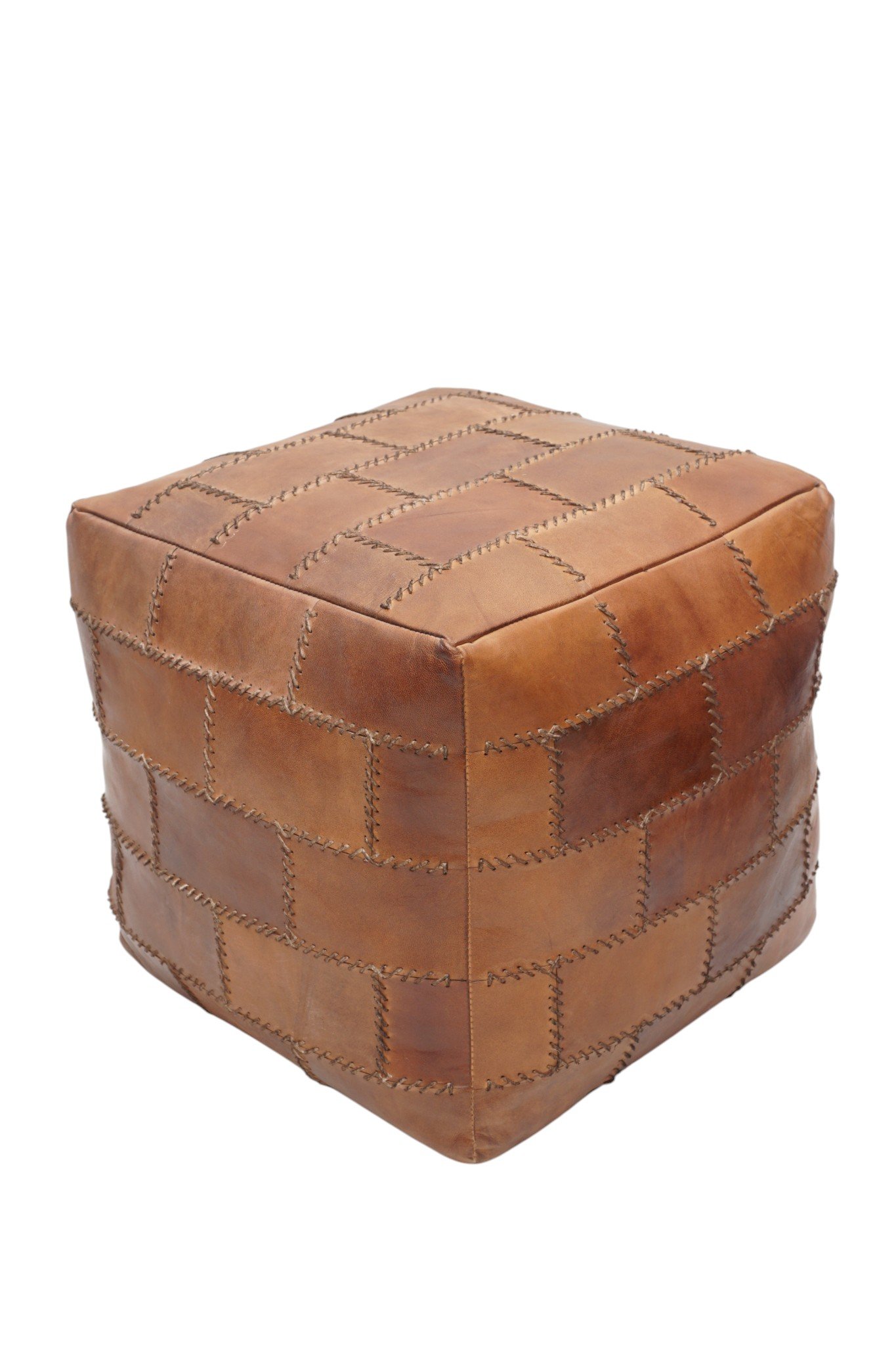 Hand-Stitched Patchwork Leather Cube Ottoman - Image 4