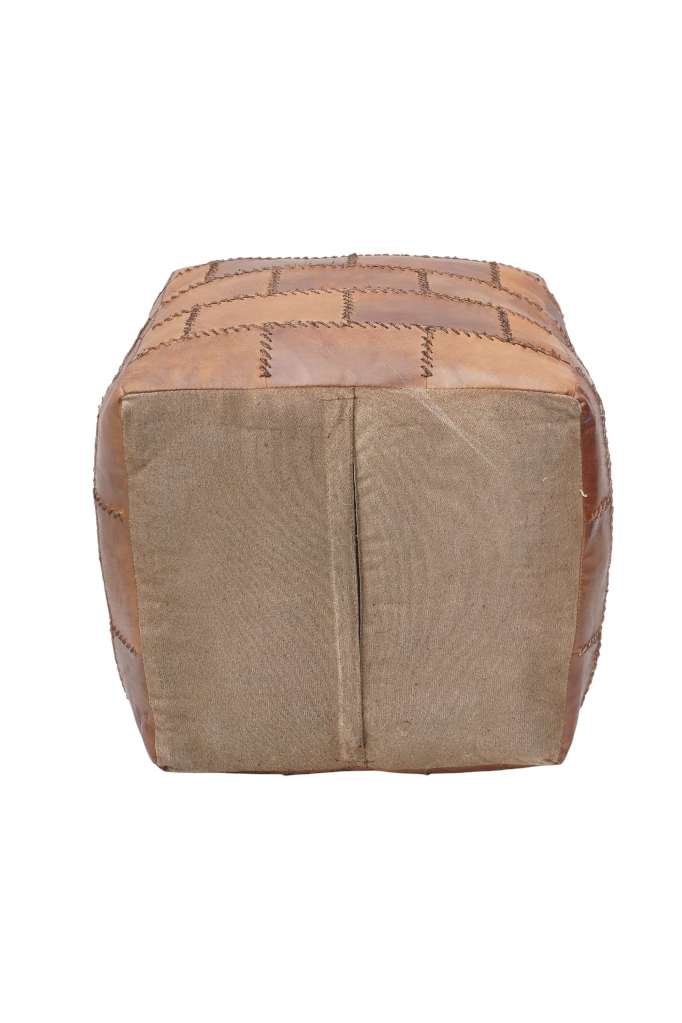 Hand-Stitched Patchwork Leather Cube Ottoman - Image 3