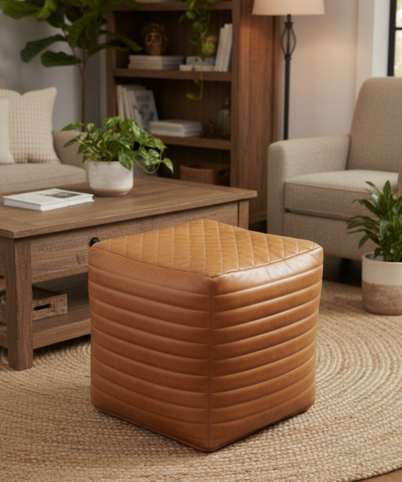 Quilted Leather Cube Ottoman