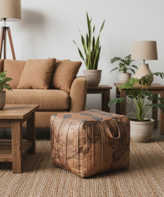 Vintage Patchwork Leather Cube Pouf Ottoman with Handle