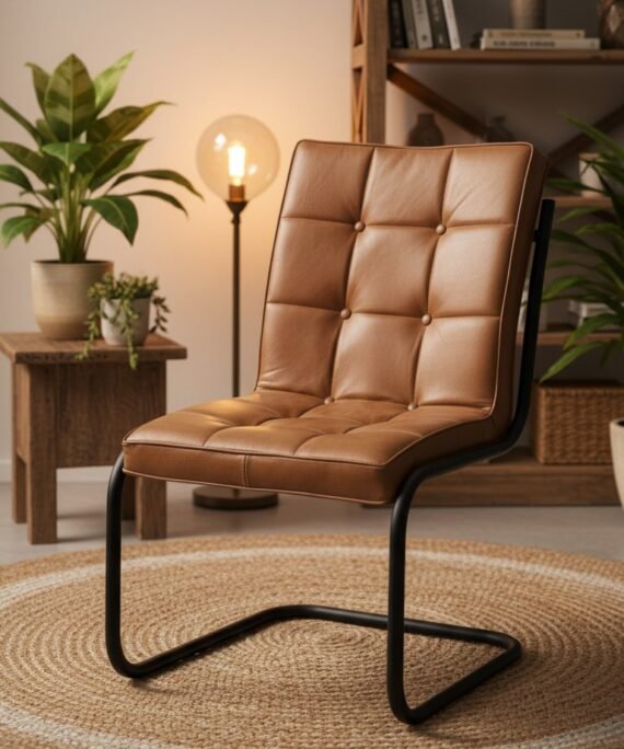 Modern Tufted Leather Cantilever Dining Chair