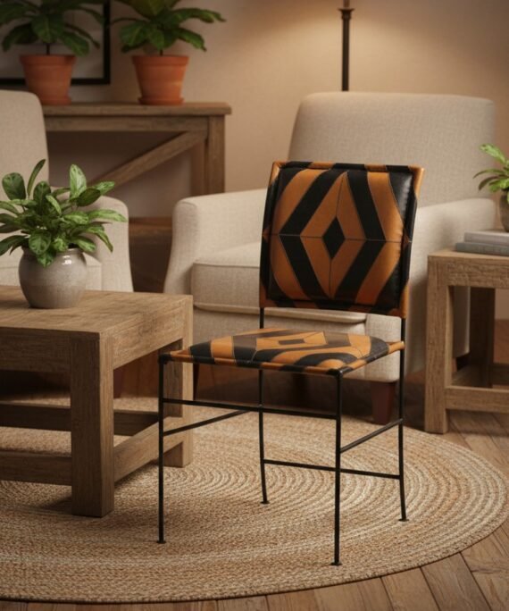 Geometric Patchwork Leather Dining Chair with Iron Frame