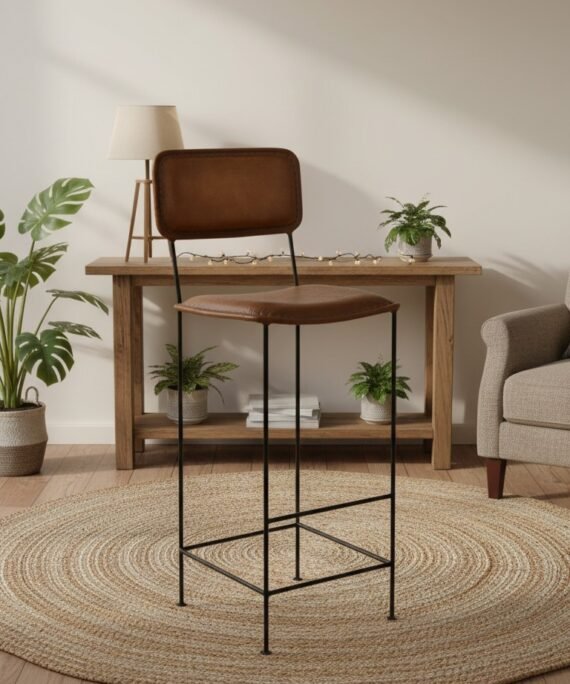 Minimalist Leather Bar Chair with Iron Frame