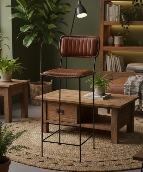 Ribbed Leather Bar Chair with Iron Frame