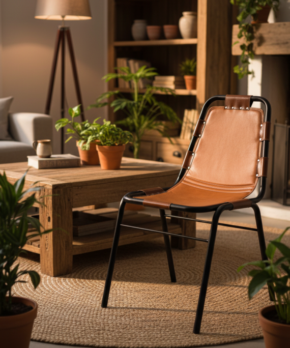 Sling Leather Dining Chair with Iron Frame