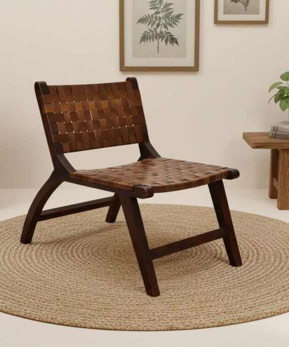 Handwoven Leather Accent Lounge Chair with Solid Wooden Frame