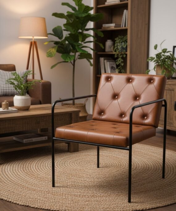 Modern Tufted Leather Lounge Accent Chair with Metal Frame