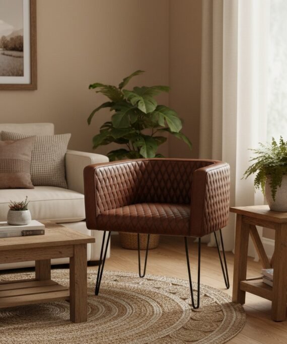Diamond Quilted Leather Tub Accent Chair with Metal Hairpin Legs