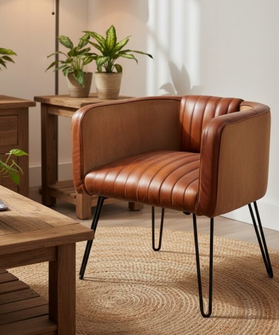 Modern Channel Tufted Leather Tub Chair with Metal Hairpin Legs
