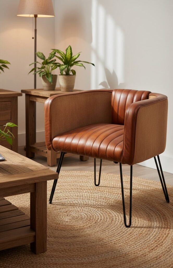 Modern Channel Tufted Leather Tub Chair with Metal Hairpin Legs