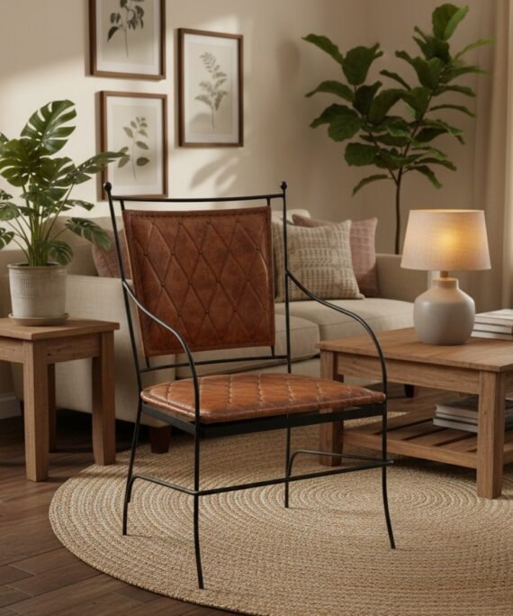 Vintage Quilted Leather Accent Chair with Handcrafted Metal Frame