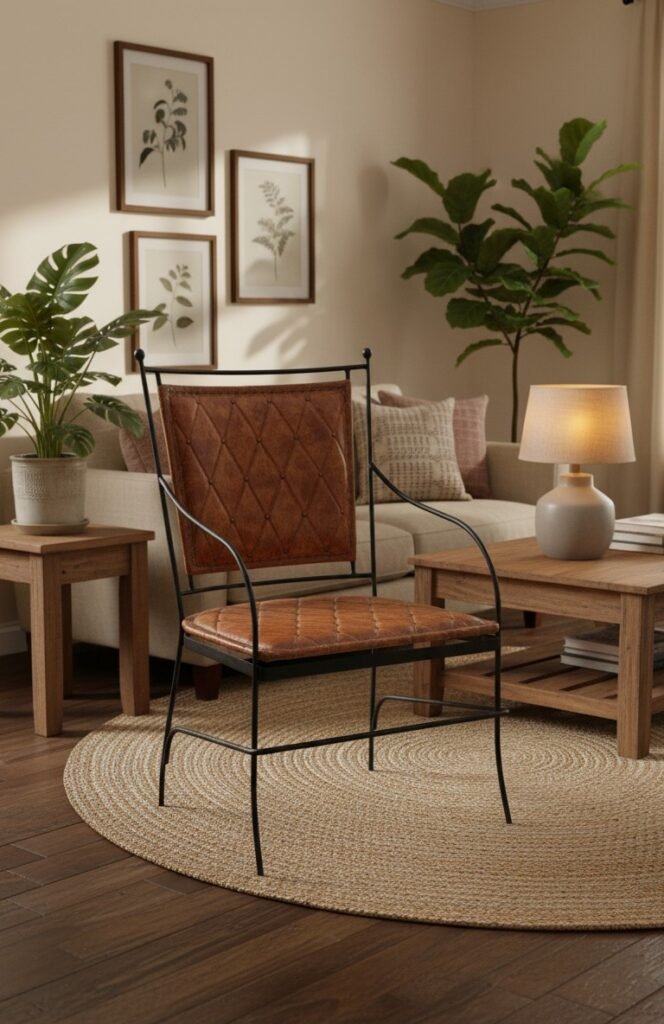 Vintage Quilted Leather Accent Chair with Handcrafted Metal Frame