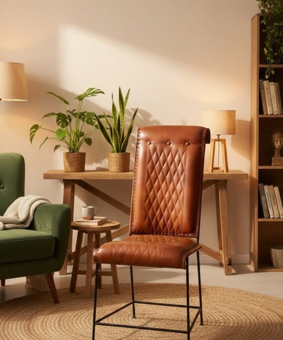 Diamond Quilted Leather Bar Chair with Metal Frame