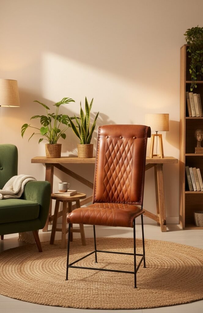 Diamond Quilted Leather Bar Chair with Metal Frame