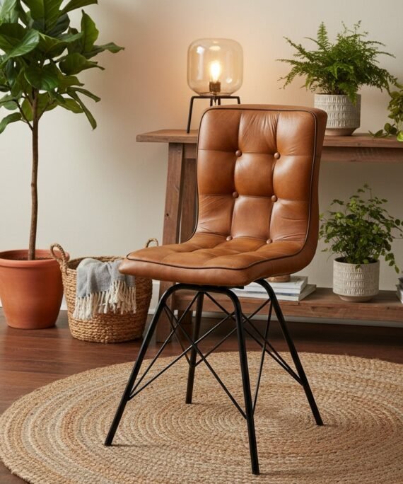 Modern Tufted Leather Dining Chair with Metal Eiffel Base