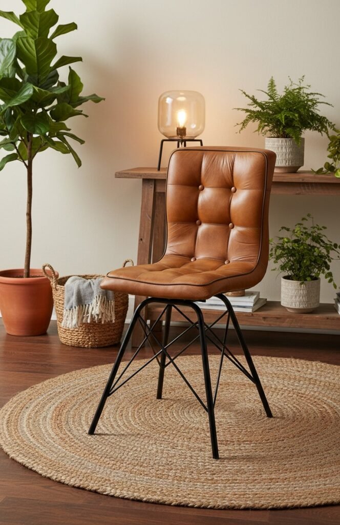 Modern Tufted Leather Dining Chair with Metal Eiffel Base
