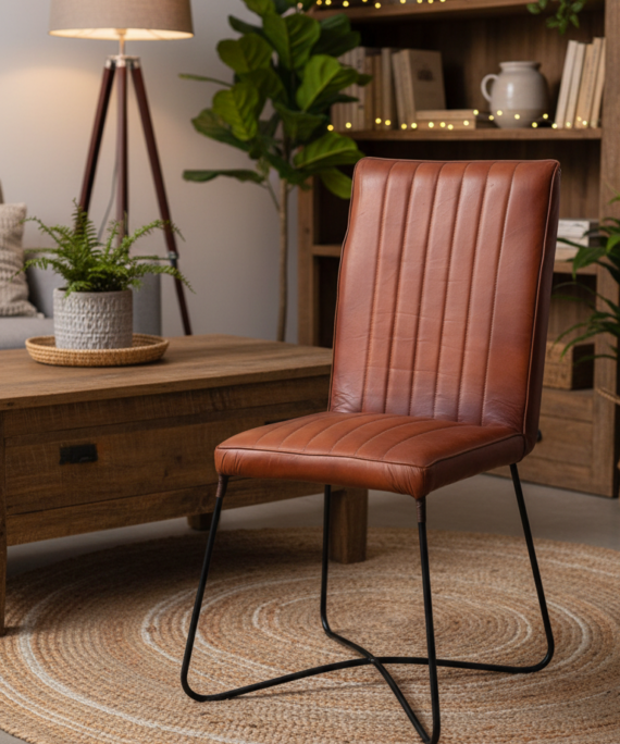 Modern Channel Tufted Leather Dining Chair with Cantilever Metal Base