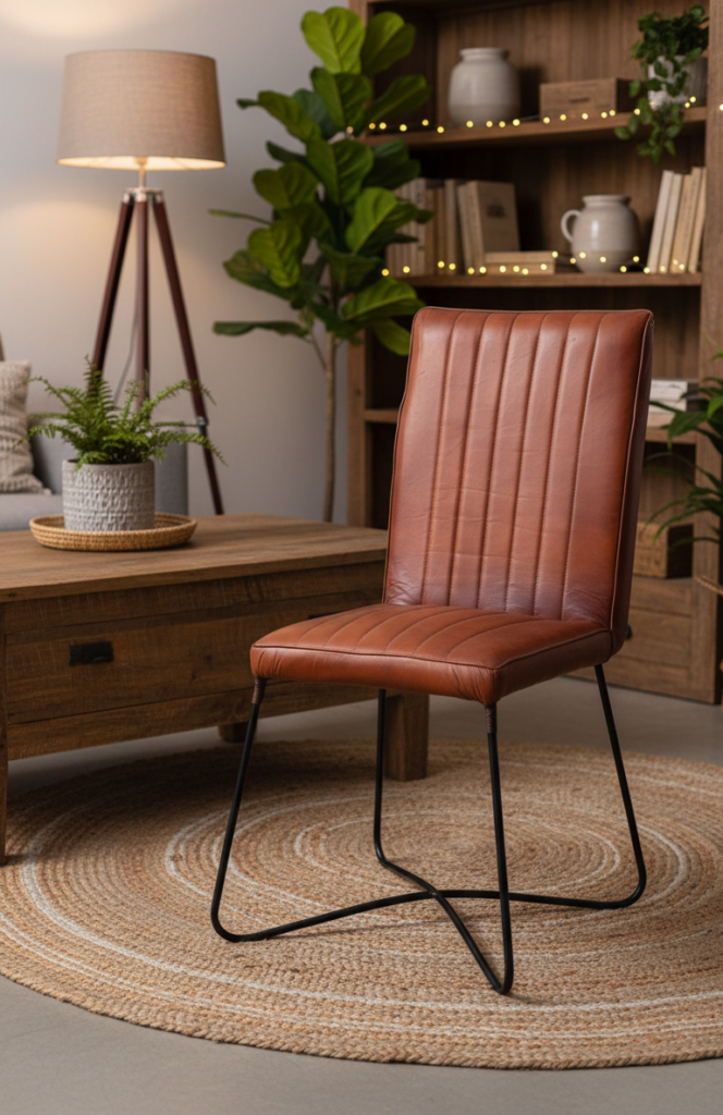 Modern Channel Tufted Leather Dining Chair with Cantilever Metal Base