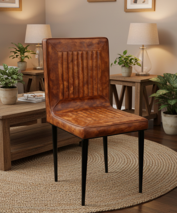 Modern High Back Leather Dining Chair with Metal Legs