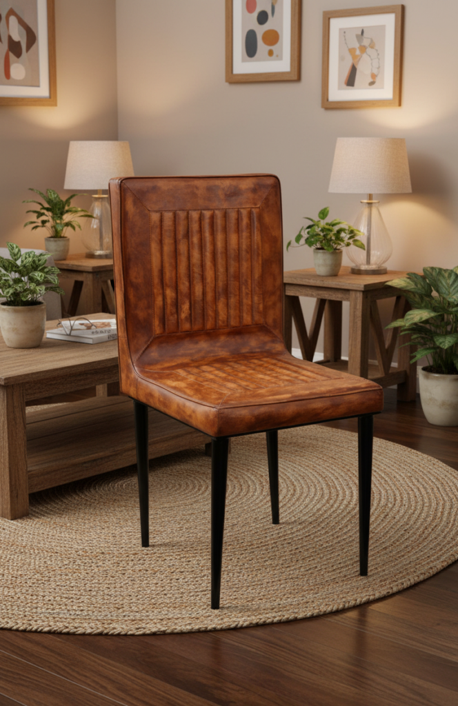 Modern High Back Leather Dining Chair with Metal Legs